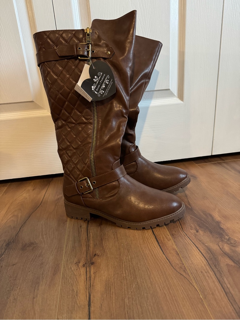 Brown Quilted Wide Calf Boots with Buckle Detail, size 9, NWT